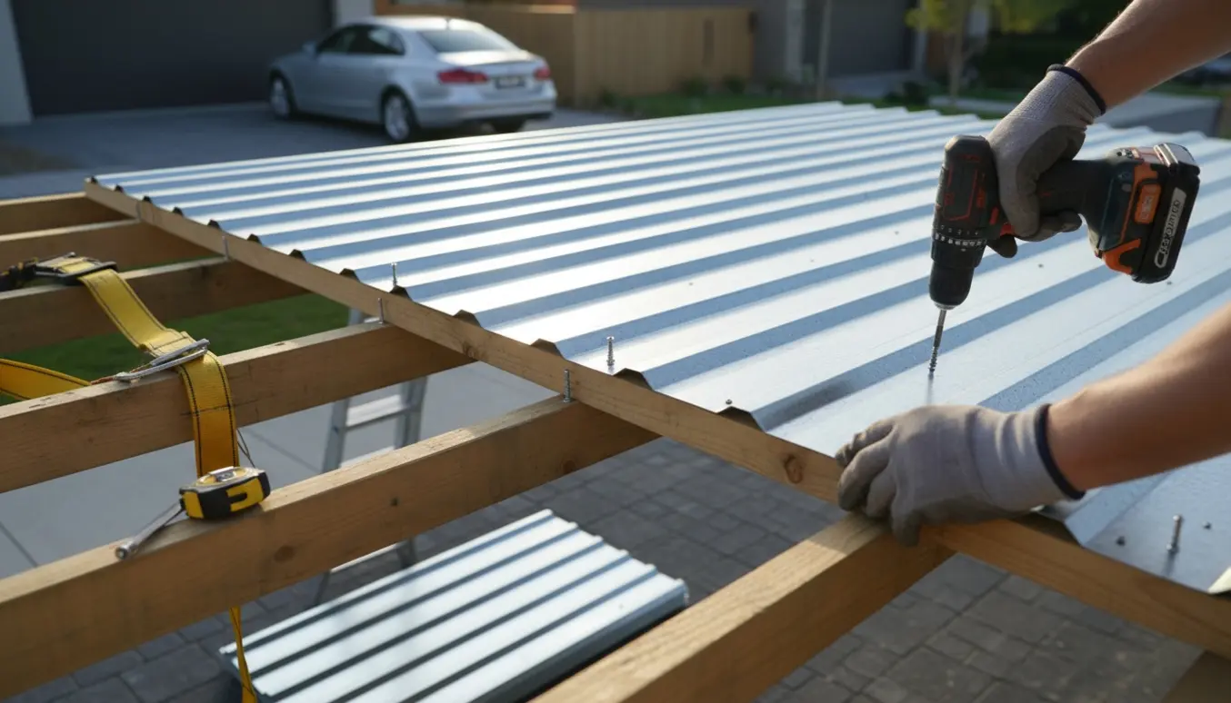 Nærbillede af montering af grå trapezplader på en carport med værktøj og stak nye plader i baggrunden.