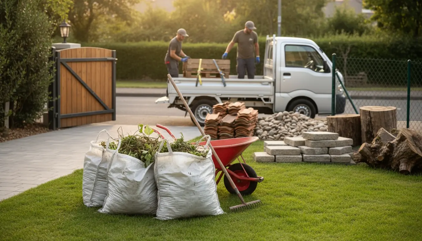 Bigbags med haveaffald i forhaven, bunker af knækfliser og granitsten samt store stubbe i baghaven klar til afhentning.
