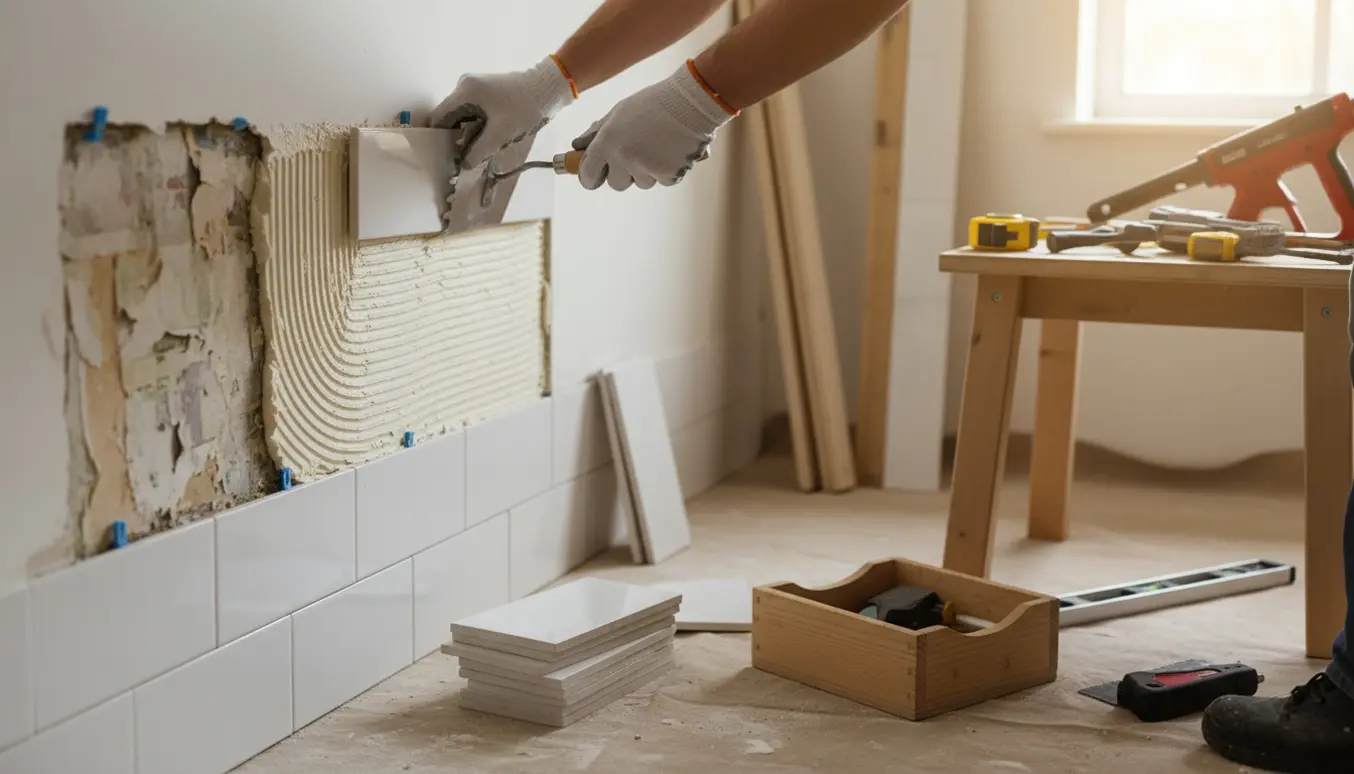 Nærbillede af fliseopsætning på væg med håndværktøj og lister i baggrunden.