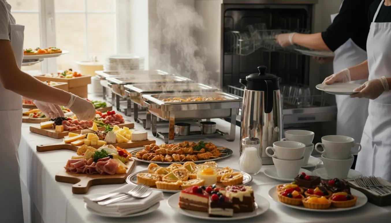 Hænder dækker buffet med cateringmad, kaffe og desserter ved en konfirmation.