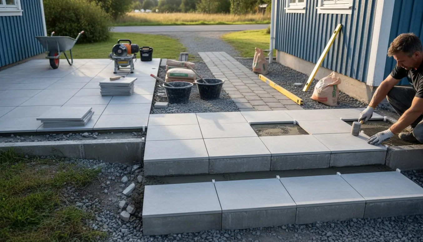 Udsnit af sommerhusindgang med delvist lagt flisetrin, bunker af fliser og værktøj til flisearbejde.