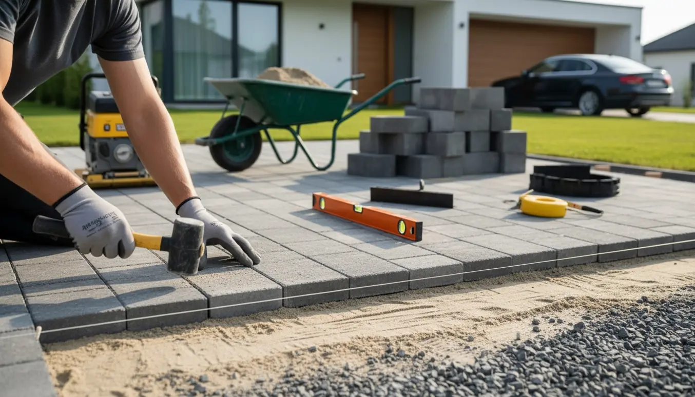 Anlæggelse af indkørsel med belægningssten foran et hus, værktøj og en bil i baggrunden.