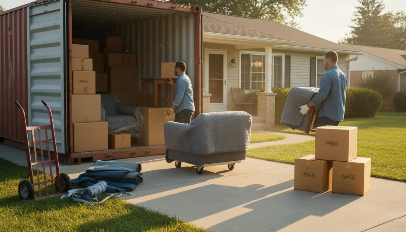 Åben opbevaringsboks på indkørsel med flyttekasser og få møbler, der bæres ind i et etplanshus.