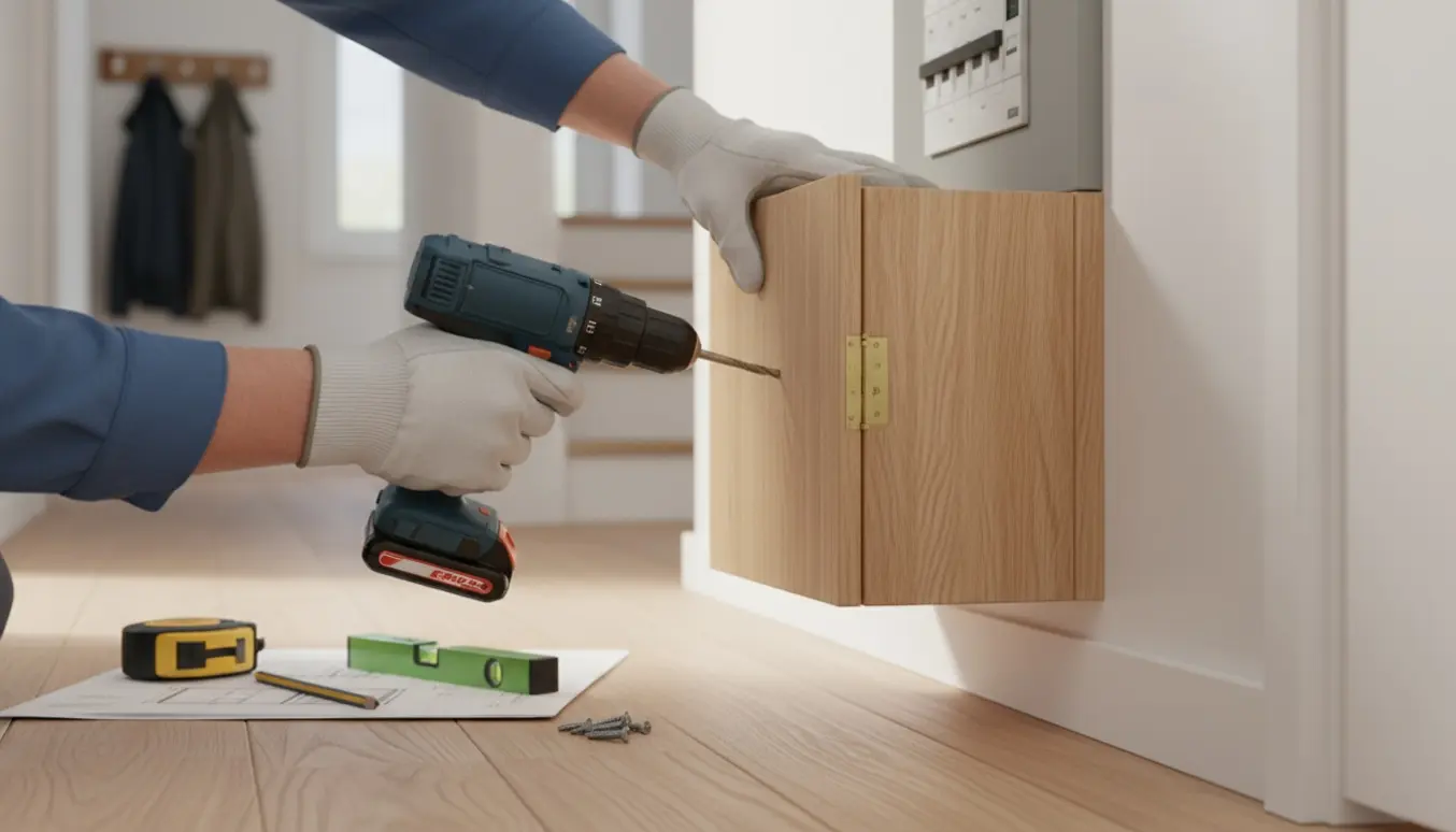 Håndværker monterer en trækasse foran en eltavle i en lys entré.