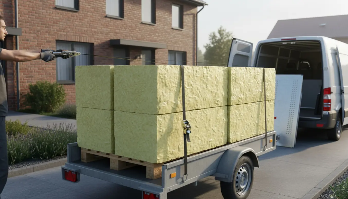 Seks glasfiberblokke spændt fast på en trailer udenfor et rækkehus.