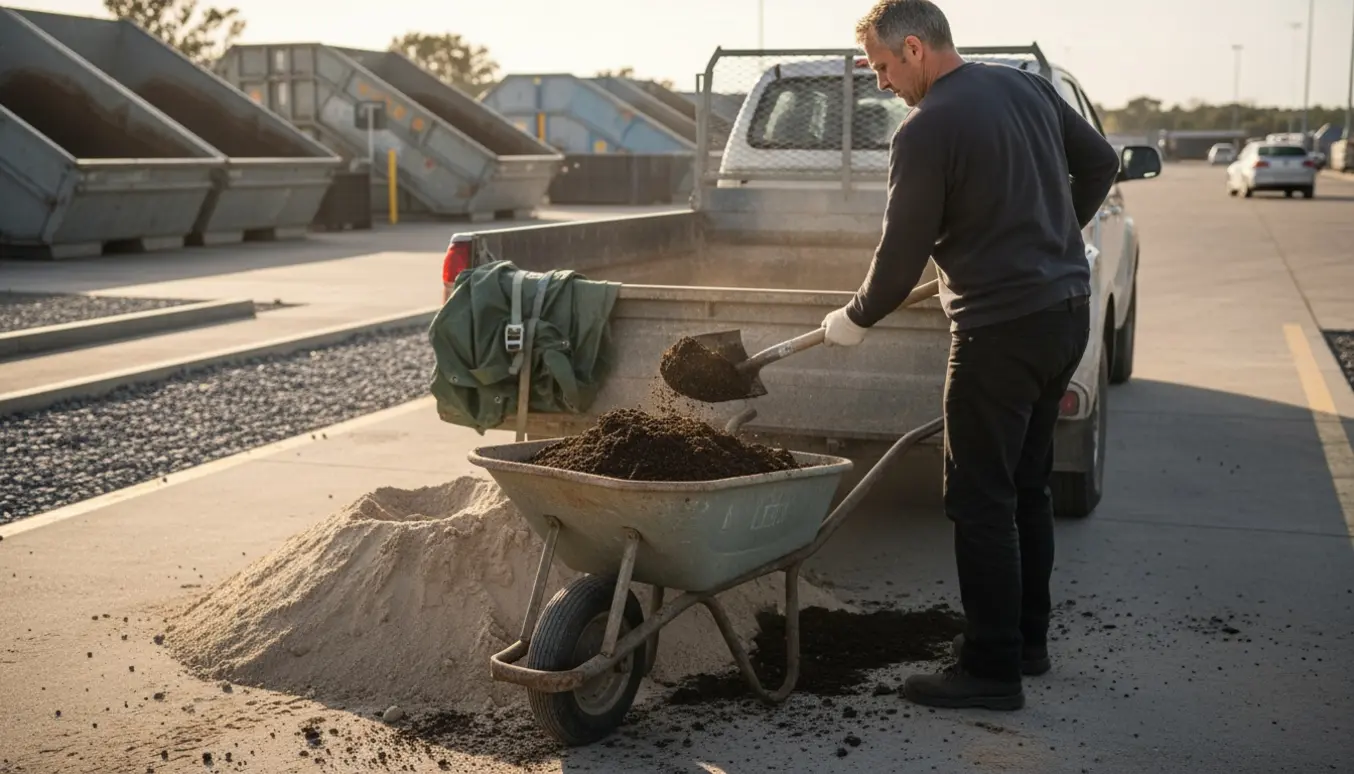 Mand læsser jord og sand i en stor trailer ved en genbrugsstation med trillebør og skovl.