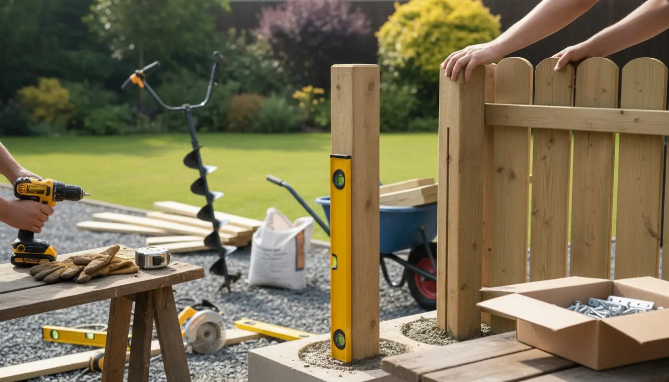Opsætning af træhegn med stolper støbt i beton og elementer med tre rundstokke, værktøj og hænder i arbejde.