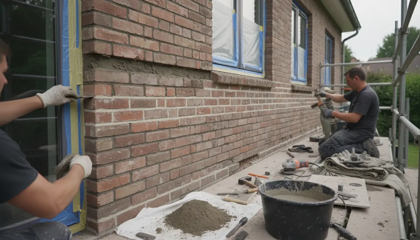 Fugearbejde på en lang mur med stillads, værktøj og hænder, der lægger frisk mørtel ved terrasseparti og tre vinduer.