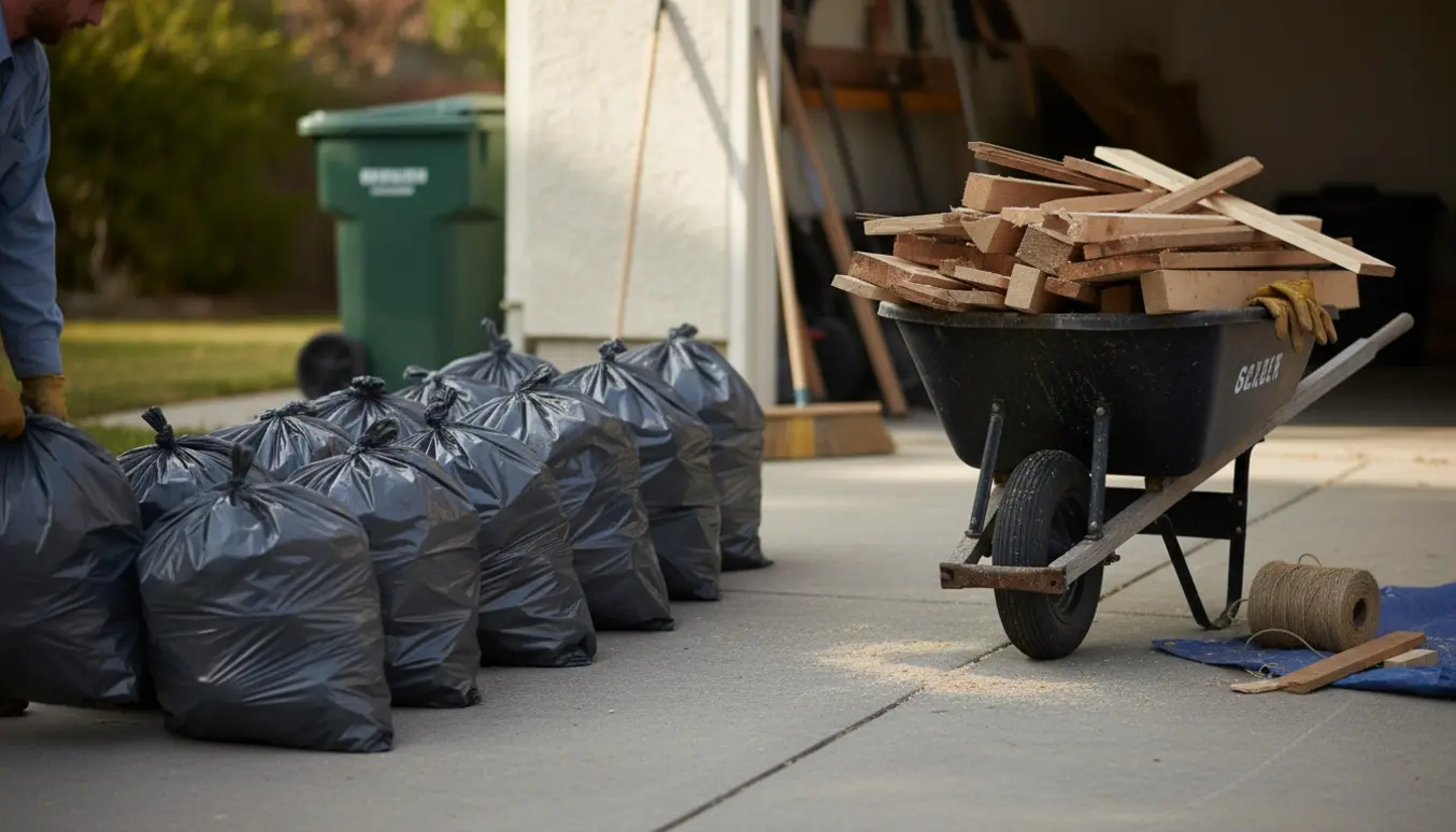 13 fyldte affaldssække og en trillebør med trærester på indkørsel klar til bortskaffelse.