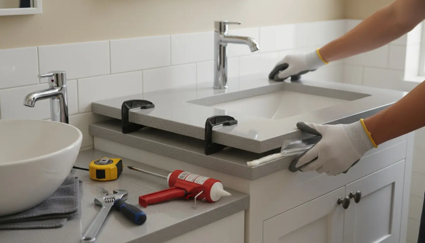 Hænder justerer en ny bordplade på et badeværelsesmøbel ved hjælp af den gamle bordplade som skabelon.