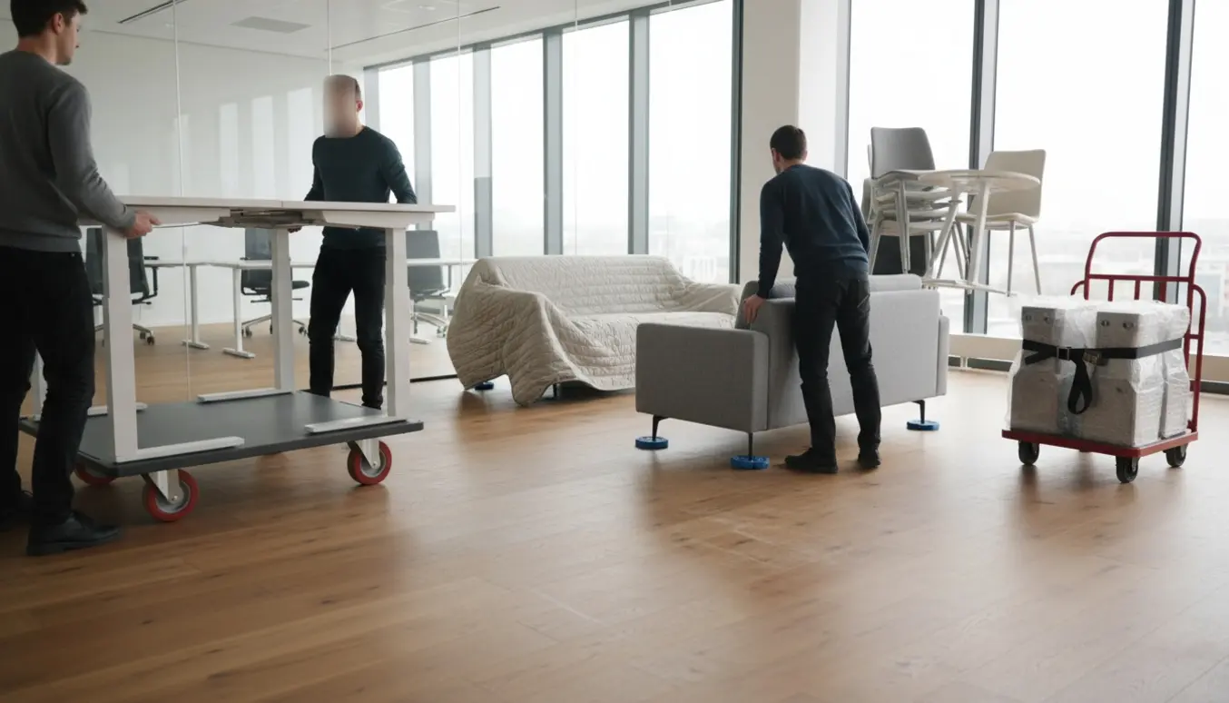 Kontoromrokering med hæve/sænkebord på tralle, sofaer, borde, stole og tunge metaldele på en vogn.