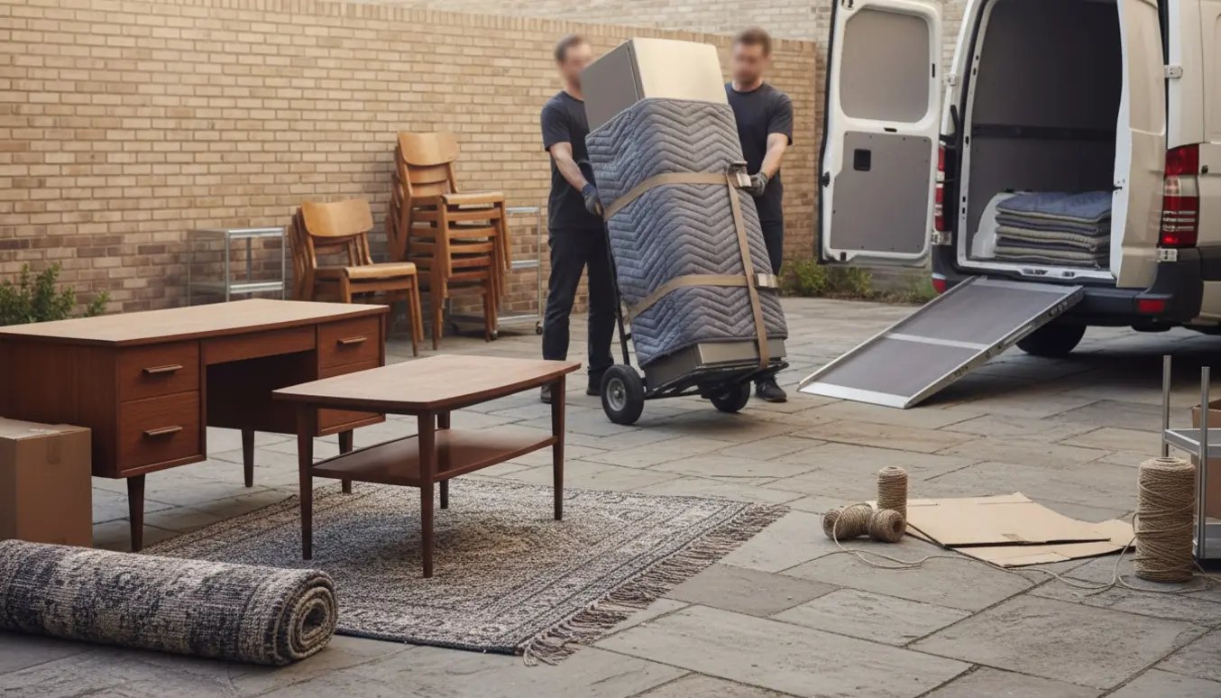Køleskab på trillebord bæres mod en åben varevogn, mens bord og gulvtæpper ligger klar til storskrald i gården.