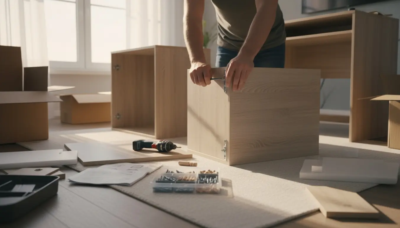 Delvist samlede fladpakkede skabe og et skrivebord med værktøj og hænder i blødt dagslys.