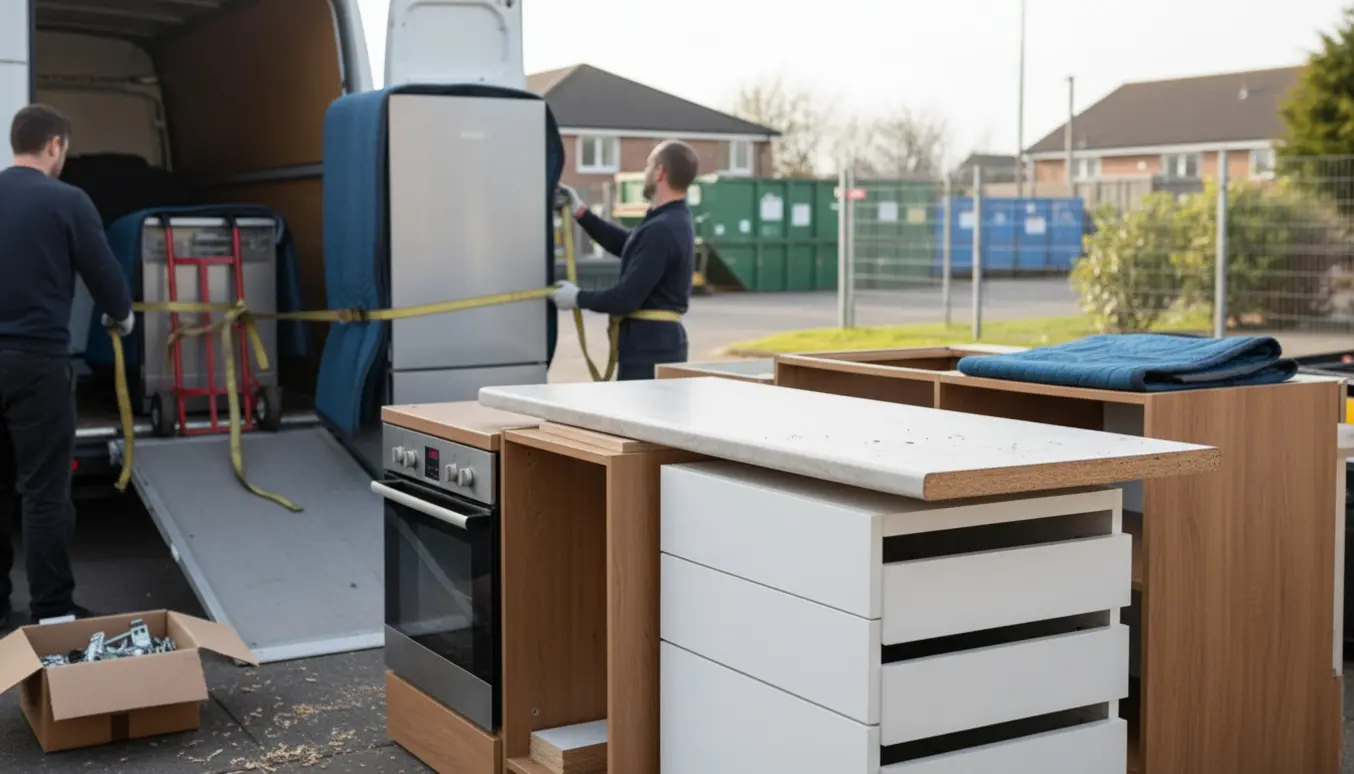 Afmonteret køkken og hvidevarer læsses i varevogn klar til aflevering på genbrugsstation.