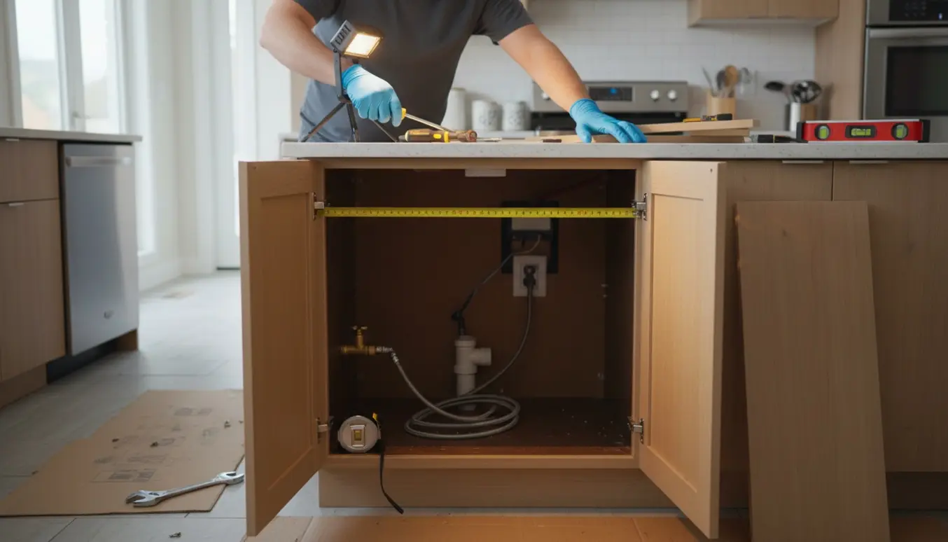 Hænder fjerner køkkenskab og sokkel for at gøre plads til en opvaskemaskine.