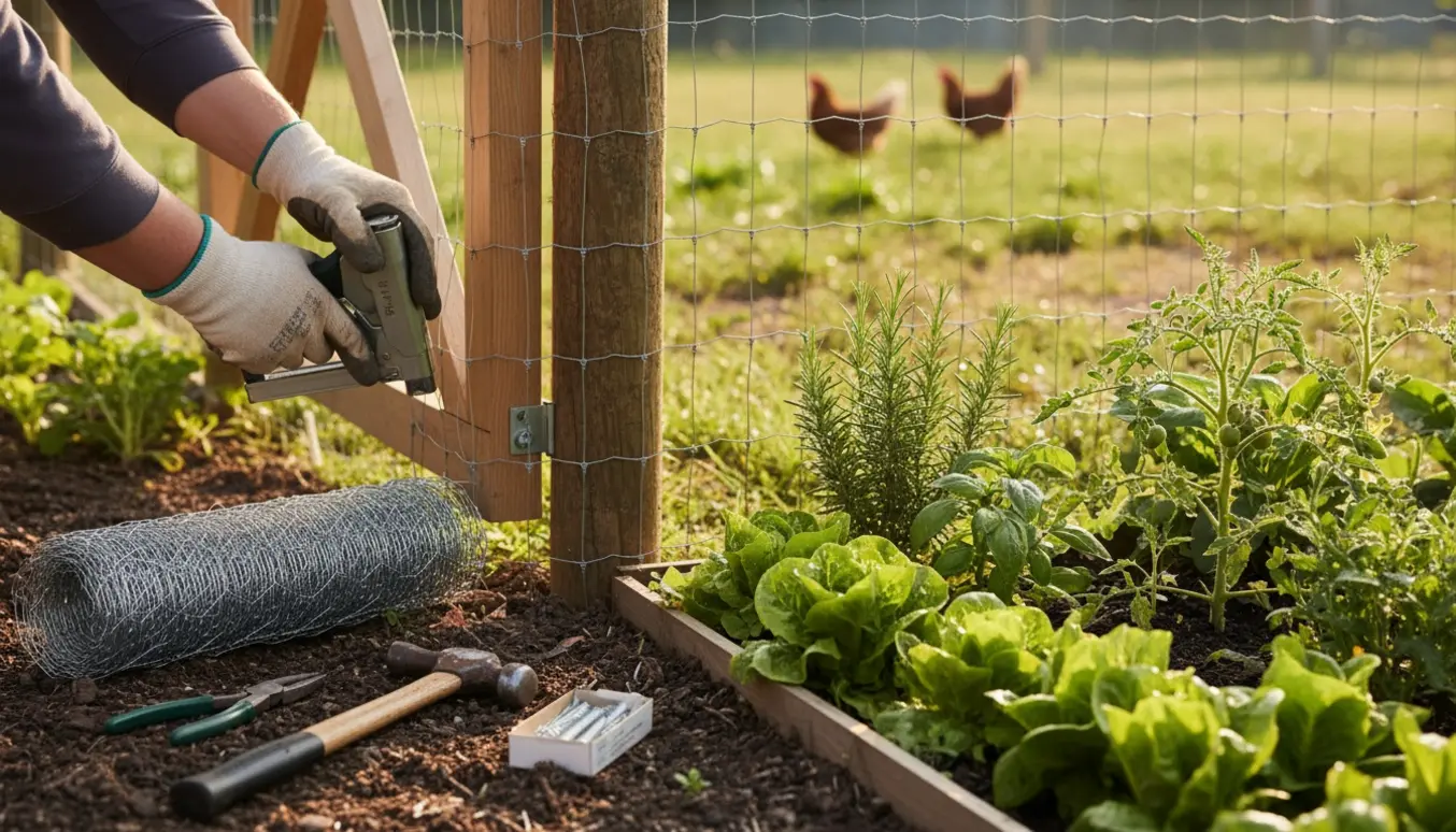 Person monterer hønsetråd og træpæle rundt om en køkkenhave for at beskytte grøntsagerne.
