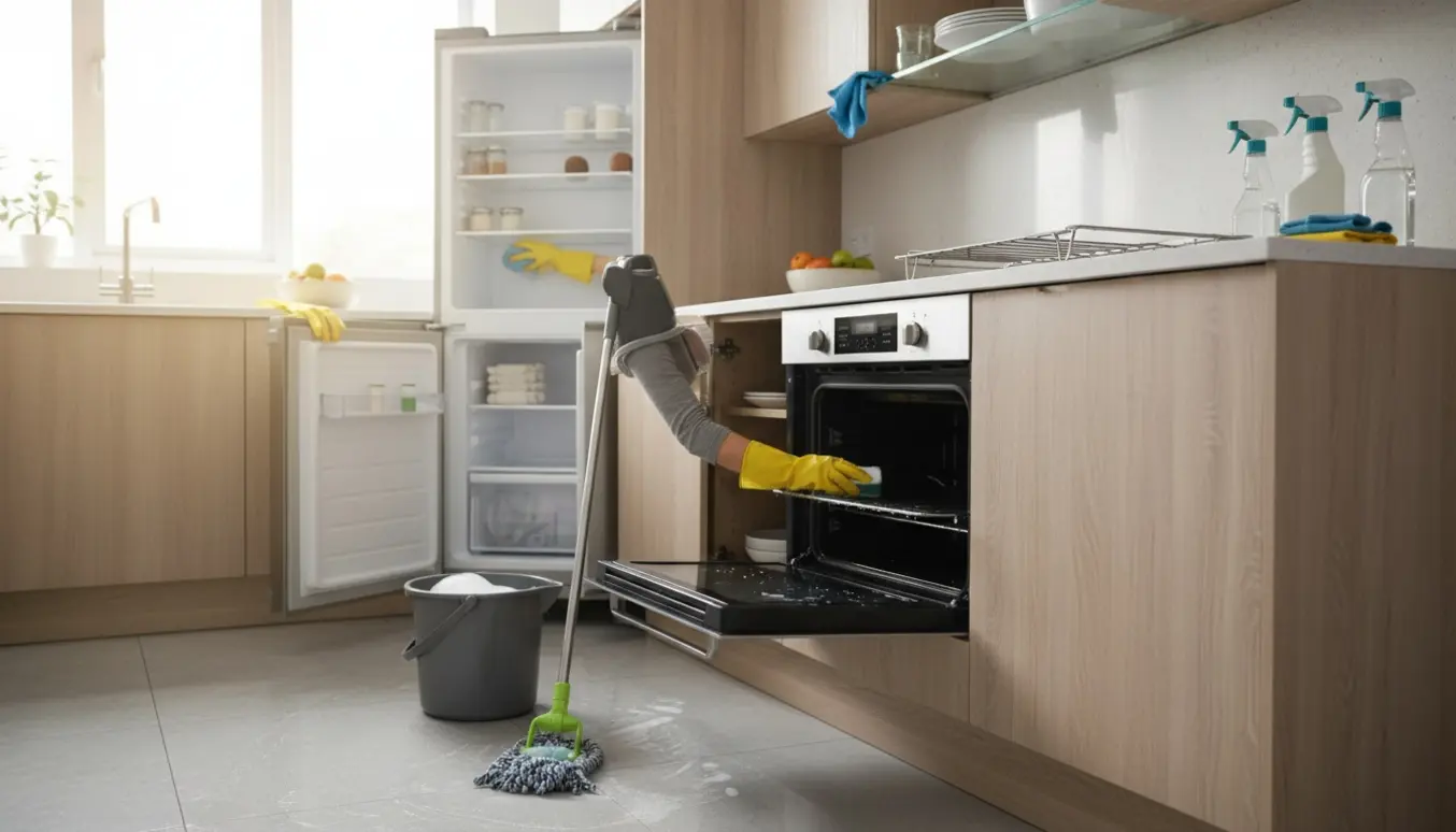 Køkken under grundig rengøring med åben ovn, åben køle-fryser, rengøringsmidler og moppe på nyvasket gulv.