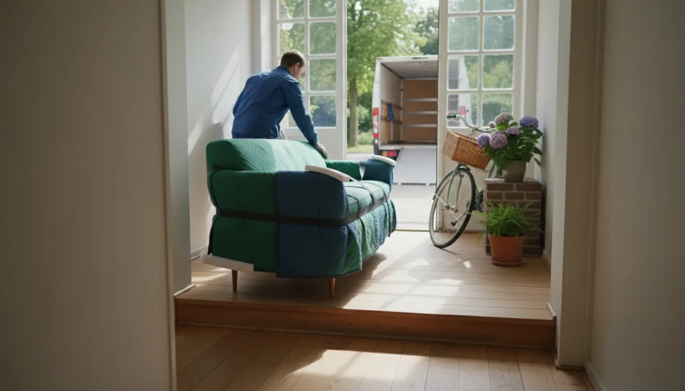 To flyttefolk bærer en indpakket sofa gennem en lejlighedsopgang og ud mod en varevogn.