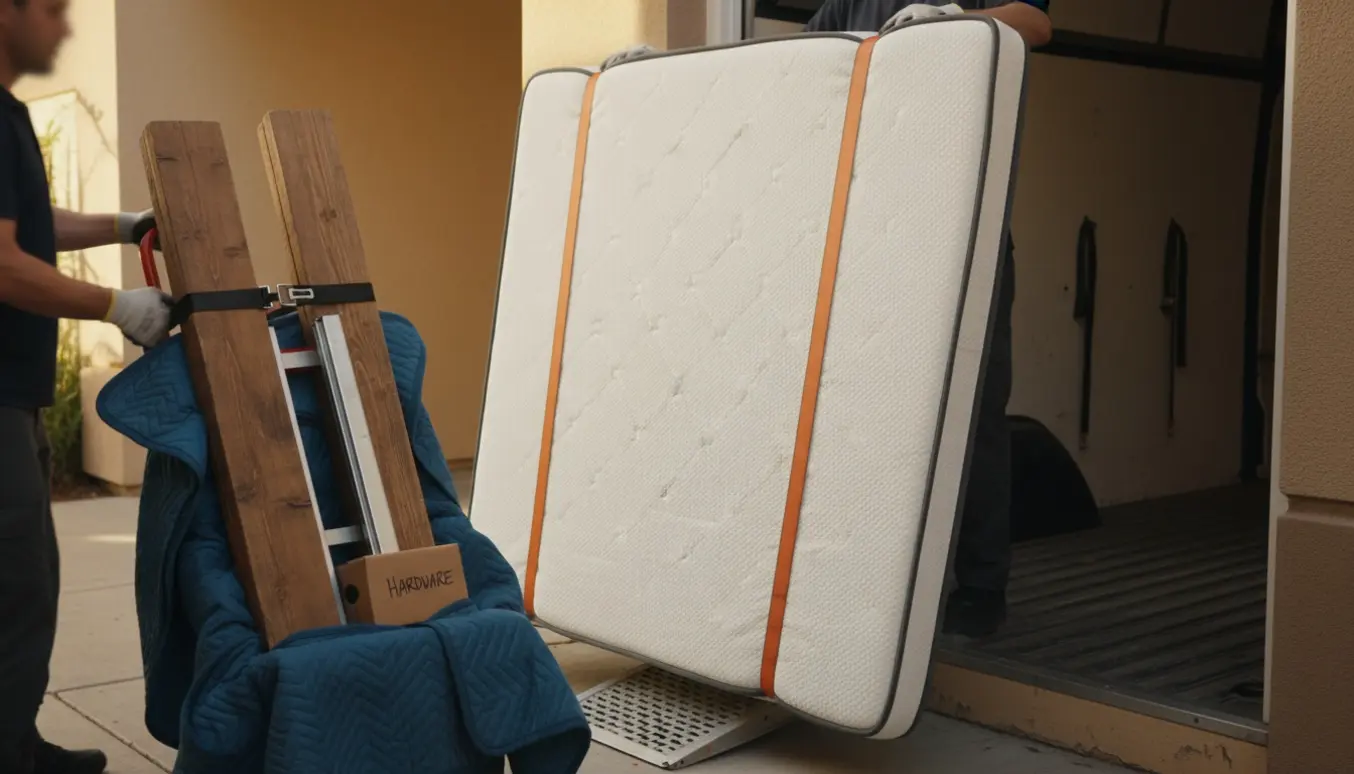 Et stort madras og adskilte sengerammer pakket og løftet ind i en flyttevogn.