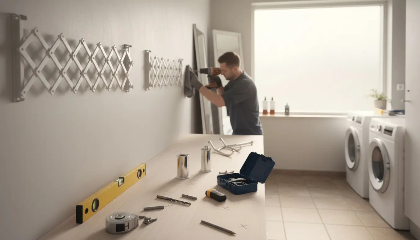 Hænder monterer væghængte tørrestativer og spejle i et lyst bryggers med værktøj på bordet.