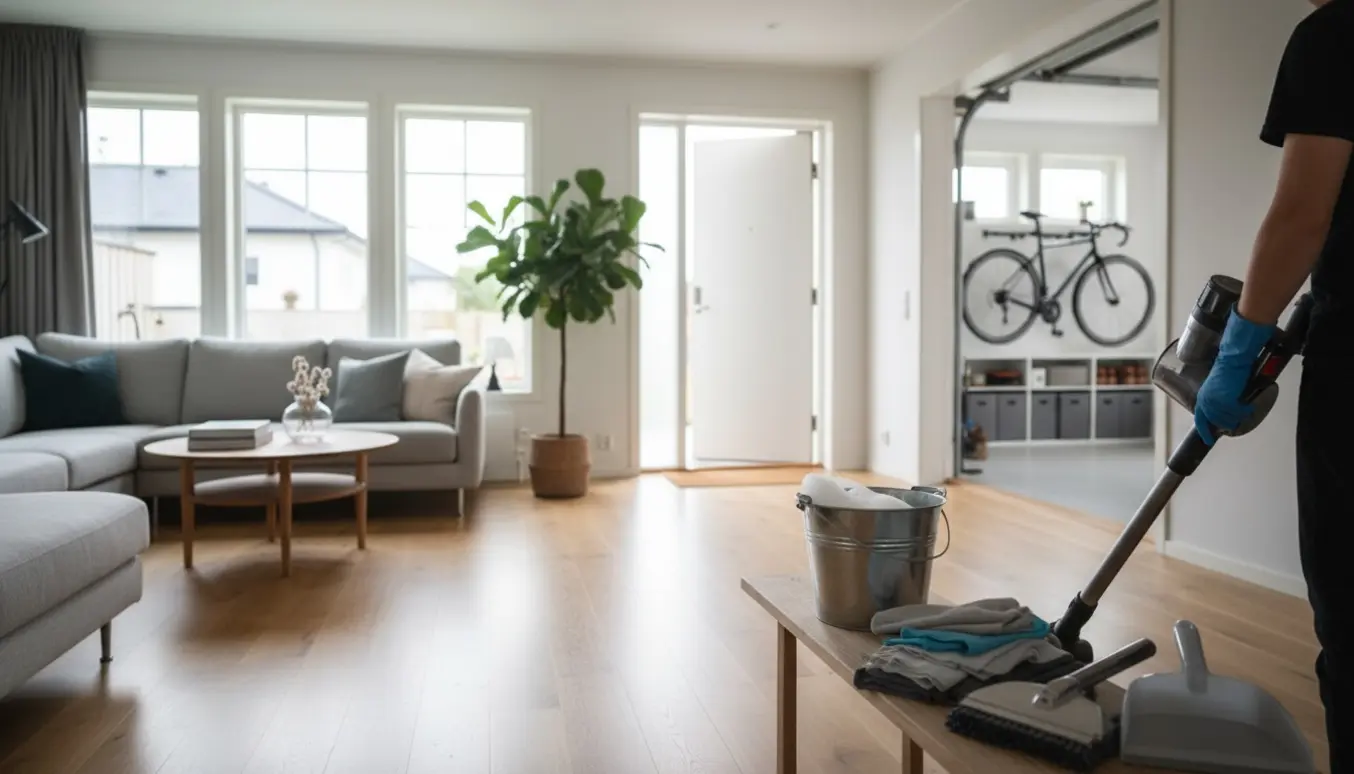Lyst, rummeligt skandinavisk hjem under rengøring med støvsuger og moppe, garage synlig i baggrunden.