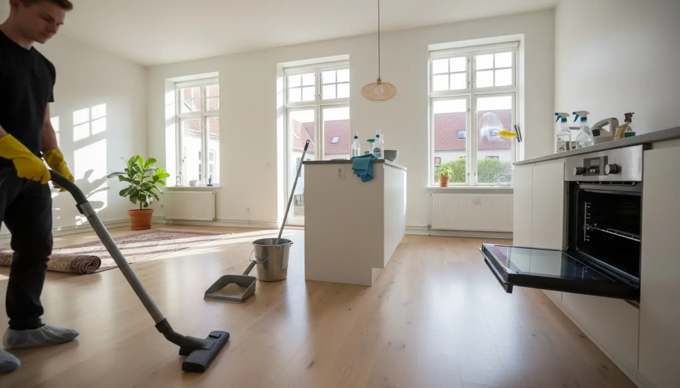 Professionel forårsrengøring i en lys indre københavnsk lejlighed med støvsuger, moppe og rengøringsudstyr, ansigter ikke synlige.