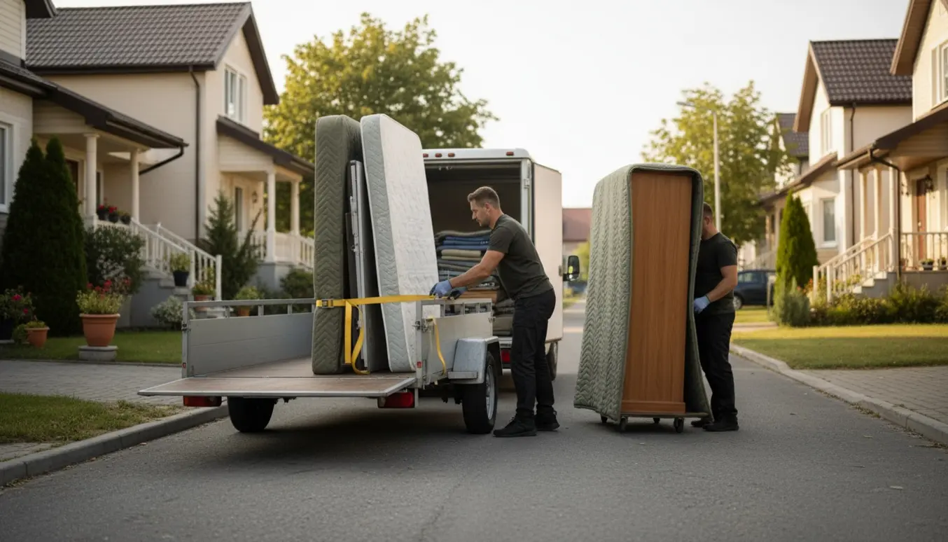 To personer læsser seng, sofa og skab på en trailer foran to nærliggende huse på en stille villavej.