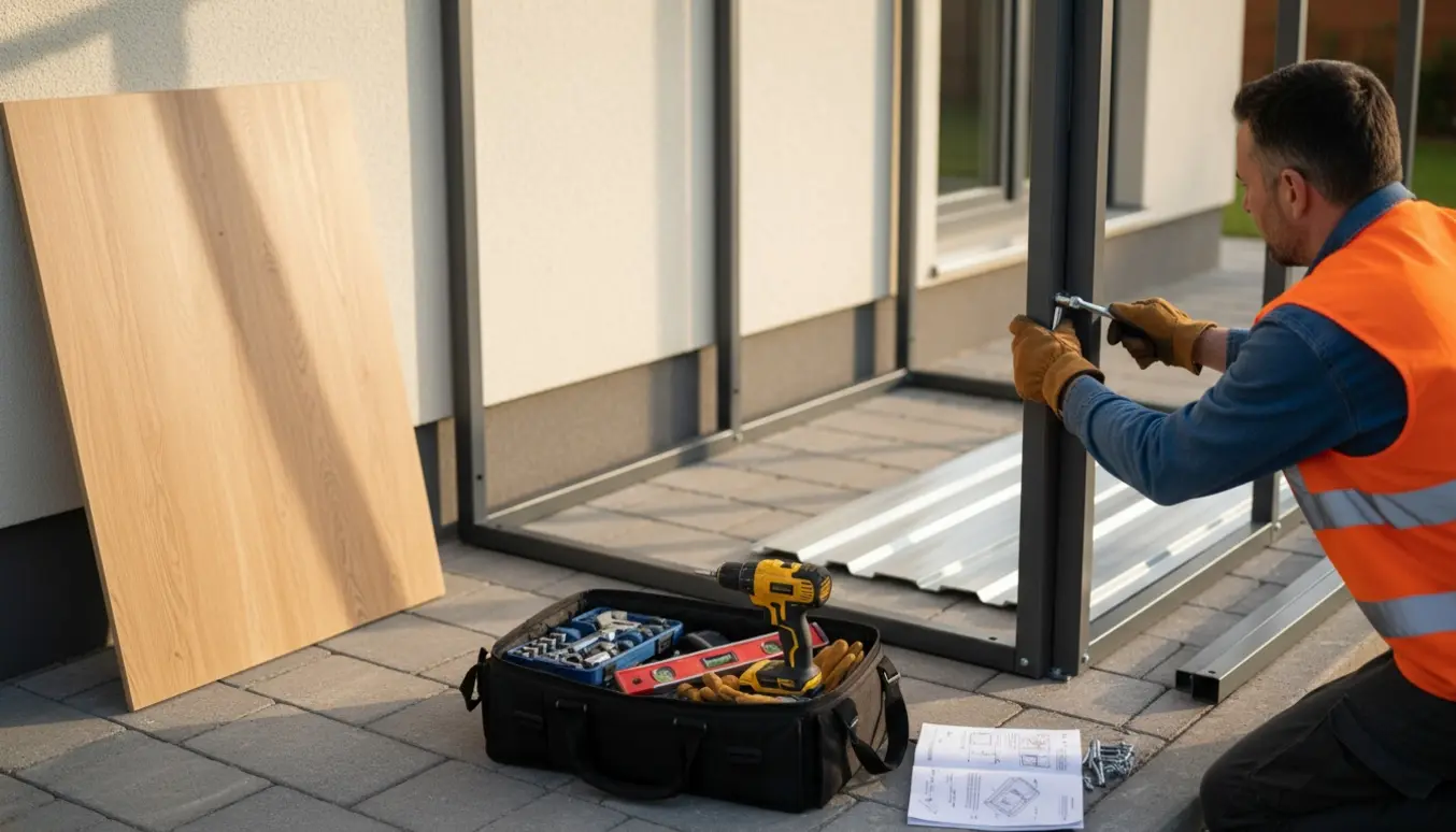 Halvfærdigt redskabsskur på belægning ved husets side, håndværker spænder skruer uden synligt ansigt.