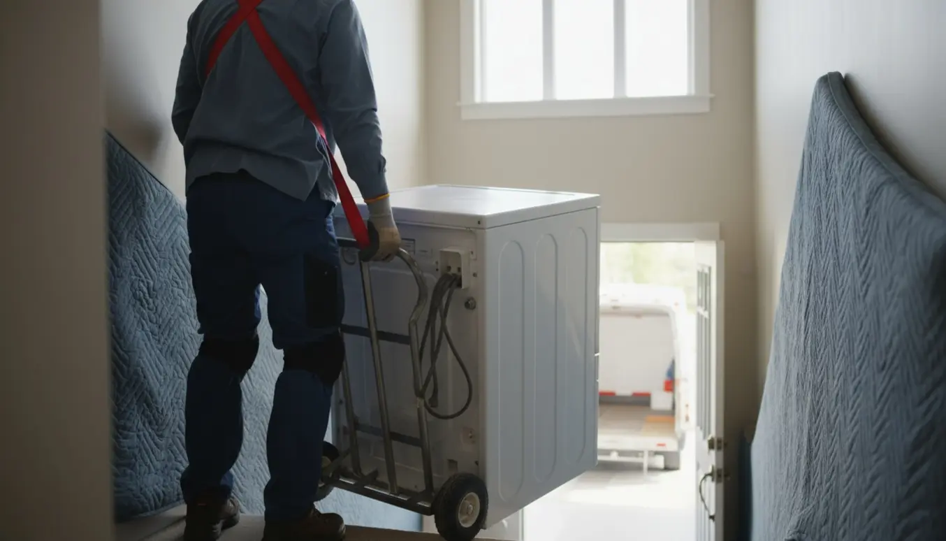 To personer bærer en tung, frakoblet vaskemaskine ned ad en trappe med flytteudstyr og beskyttelsesbuler.