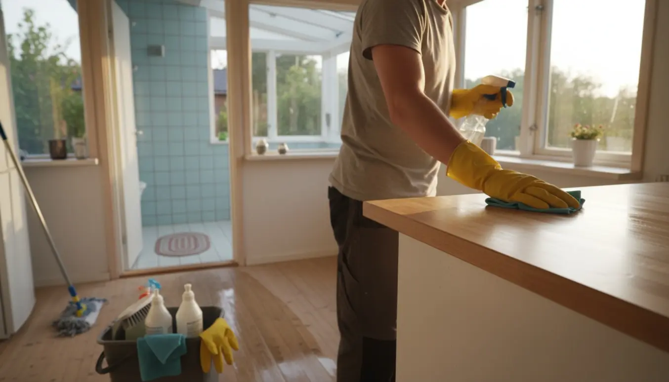 Rengøringsperson tørrer køkkenbord af i et lille kolonihavehus med moppe og spand i forgrunden.
