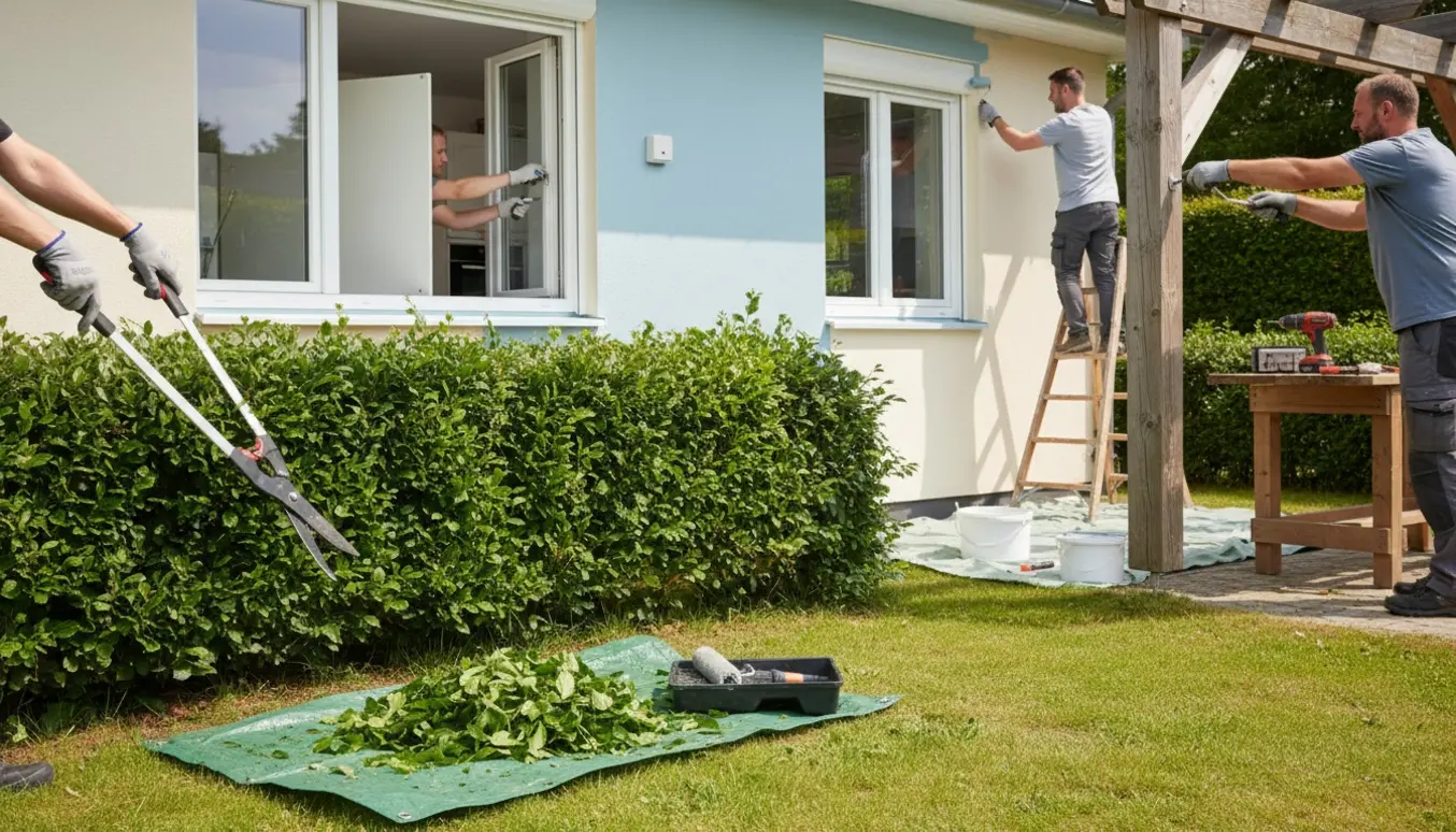 Sommerfoto af hus med hækklipning, maler ved facade, håndværker strammer pergola og åben køkkenrude med løse skabsdøre.