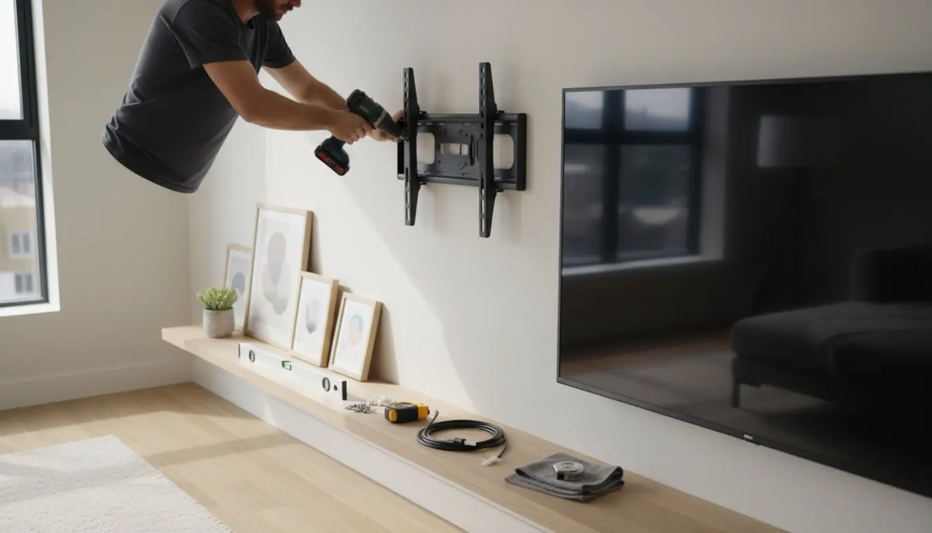 Hænder monterer et TV-beslag over en reol i en lys, moderne stue.