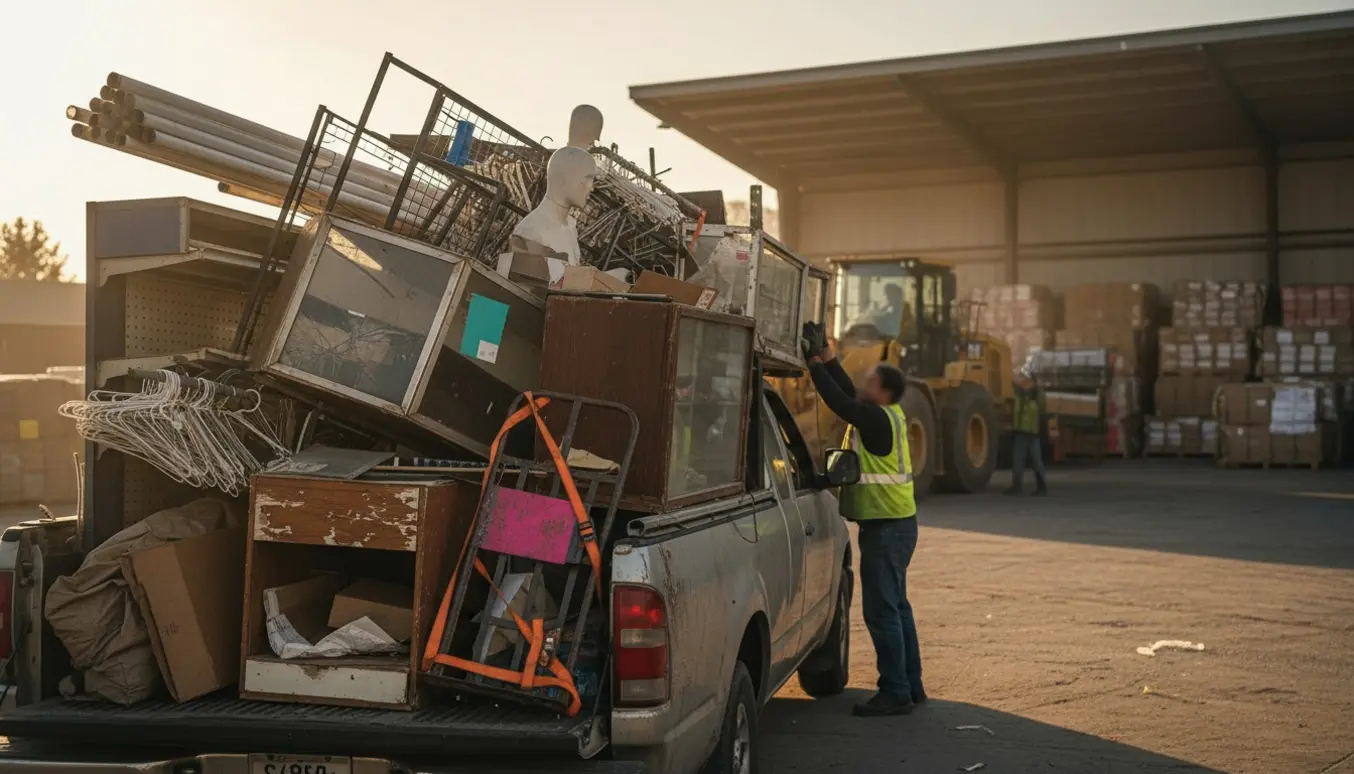 Gamle butiksreoler og udstyr læsset på en varebil ved en genbrugsplads i aftenslys.
