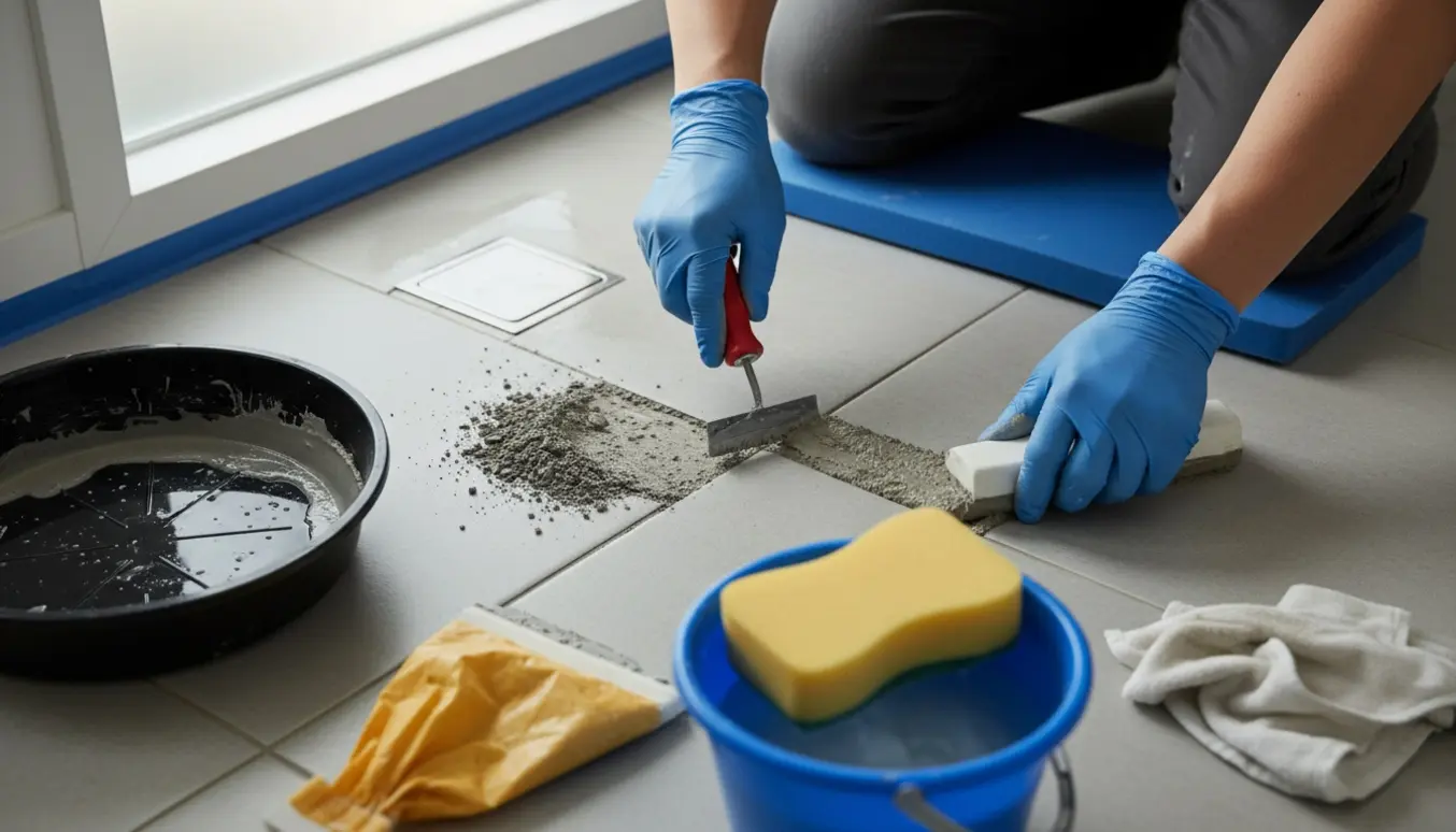 Nærbillede af hænder i handsker, der fjerner gammel fuge og påfører ny fuge mellem fliser på badeværelsesgulvet.