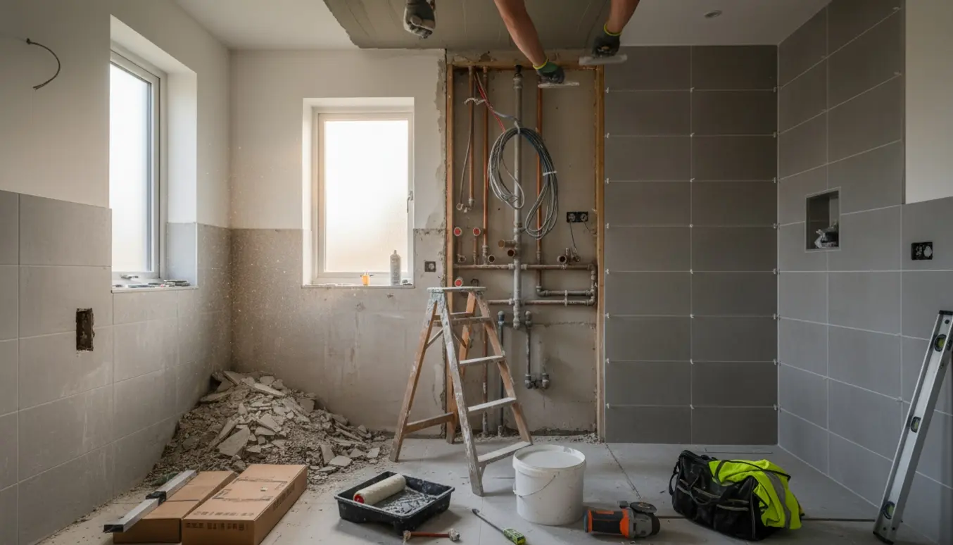 Badeværelse under renovering med fjernede fliser, nye fliser i brusezonen og eksponerede VVS- og el-installationer.