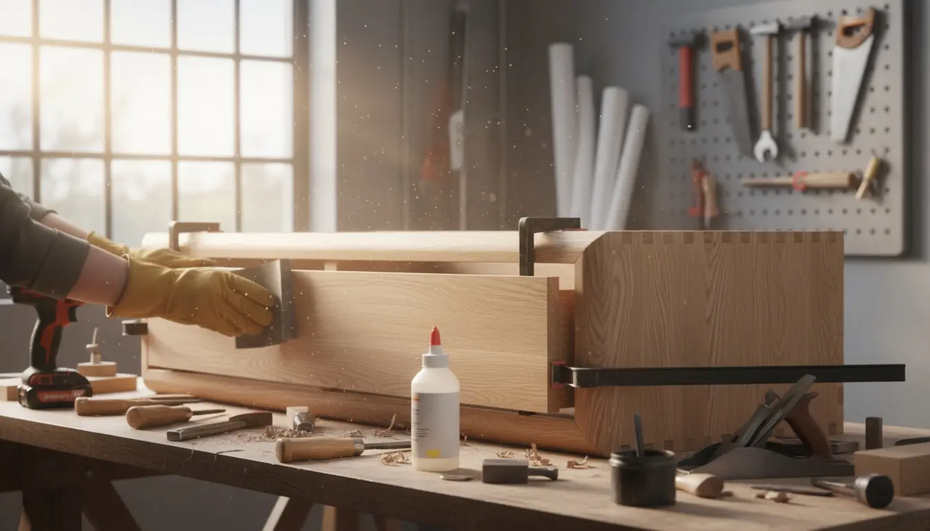 Træskænk på værkstedets arbejdsbænk med værktøj og hænder, der sliber kanten.