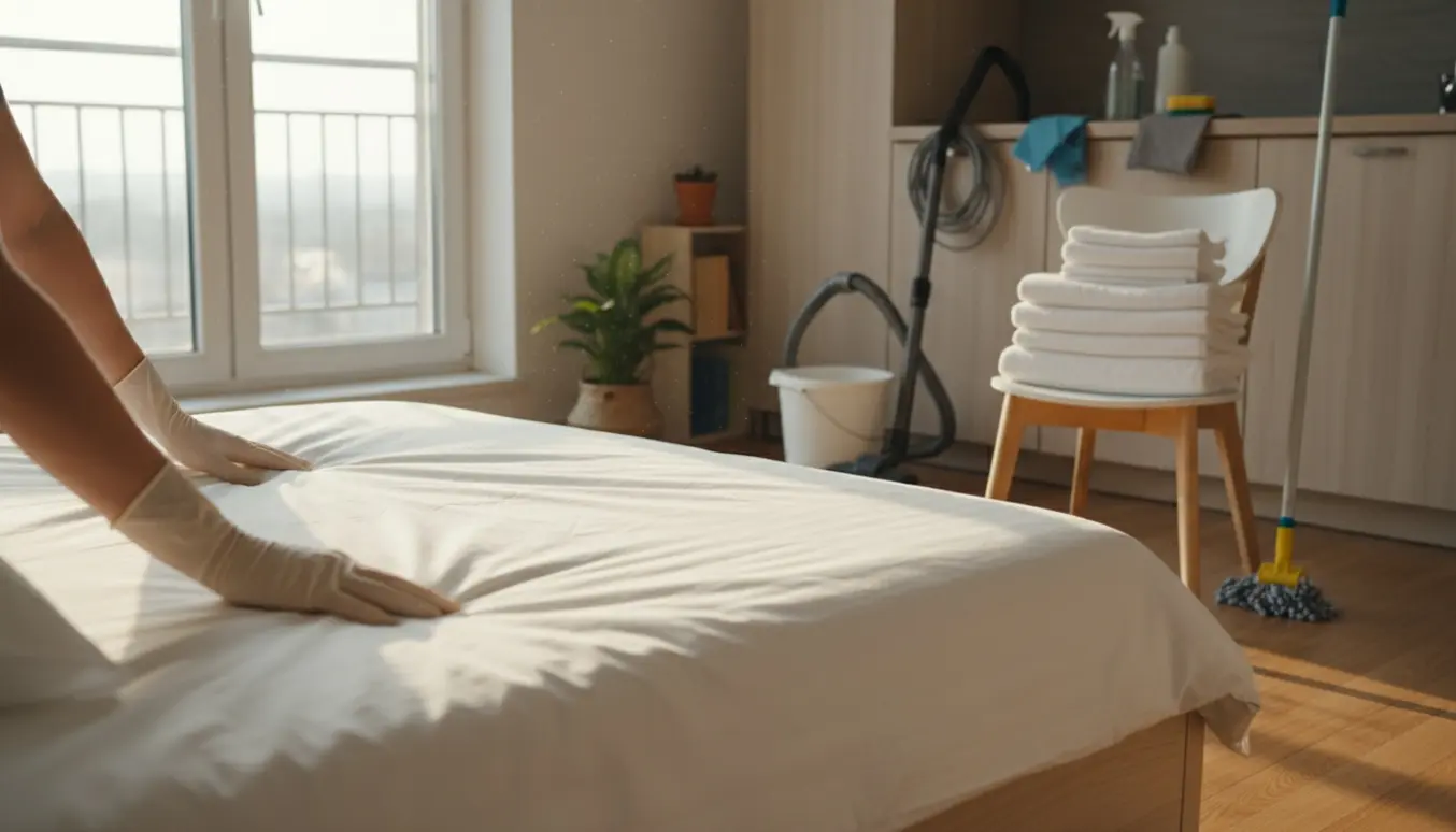 Udflytningsrengøring i en lys lejlighed med frisklagte sengetøj, foldede håndklæder og rengøringsudstyr.