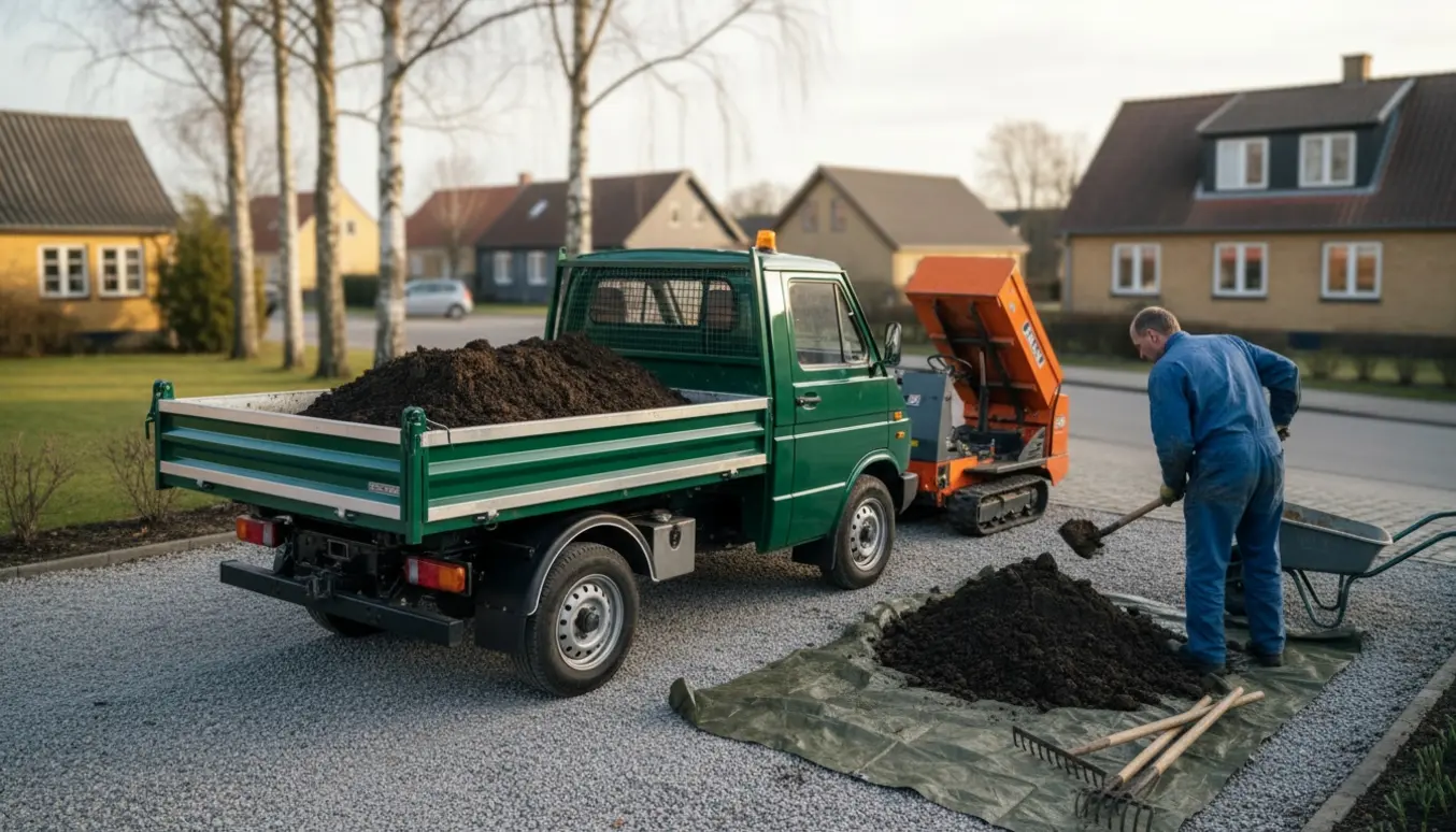 Tippertruck læsses med jord i en villahave i Mørkøv klar til bortkørsel.