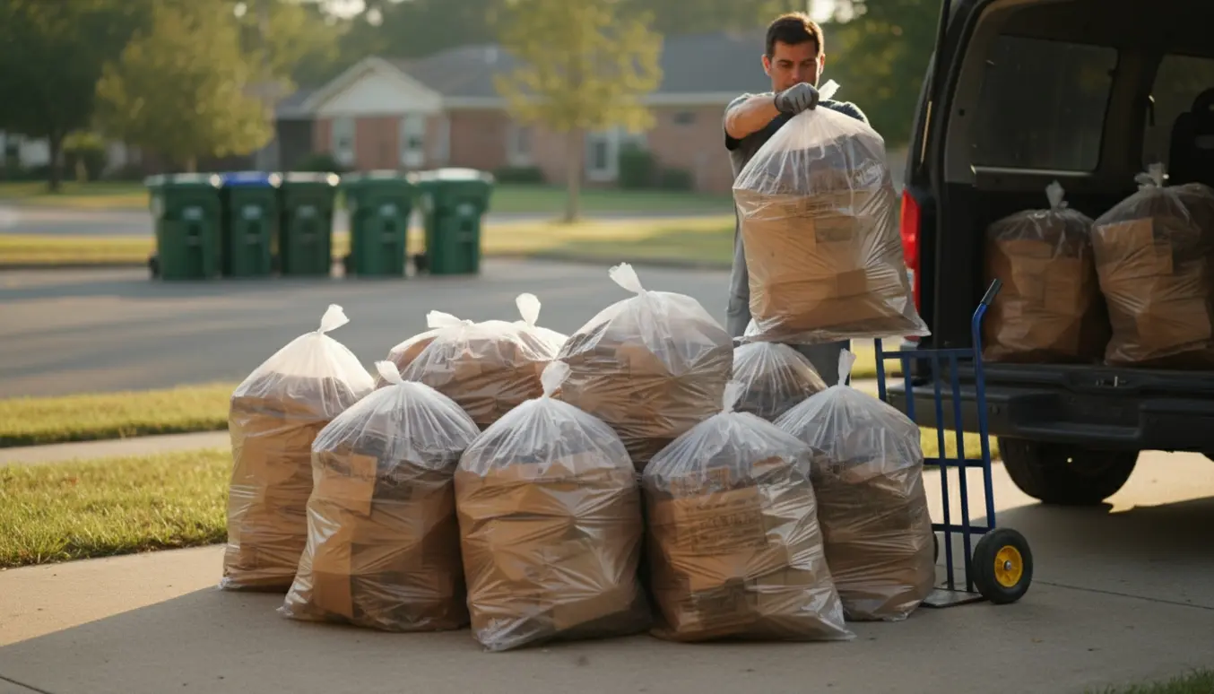 Plastaffaldssække fyldt med fladtrykte papkasser ved en åben bil klar til at blive kørt til genbrugspladsen.