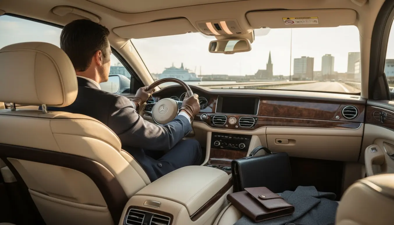 Interiør af en luksusbil set fra bagsædet med chauffør, lædertaske og kystlandskab gennem forruden.