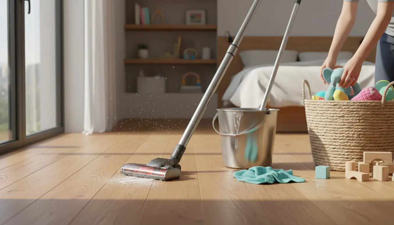Lys moderne stue hvor støvsugning og gulvvask foregår, og legetøj ryddes op i en kurv.
