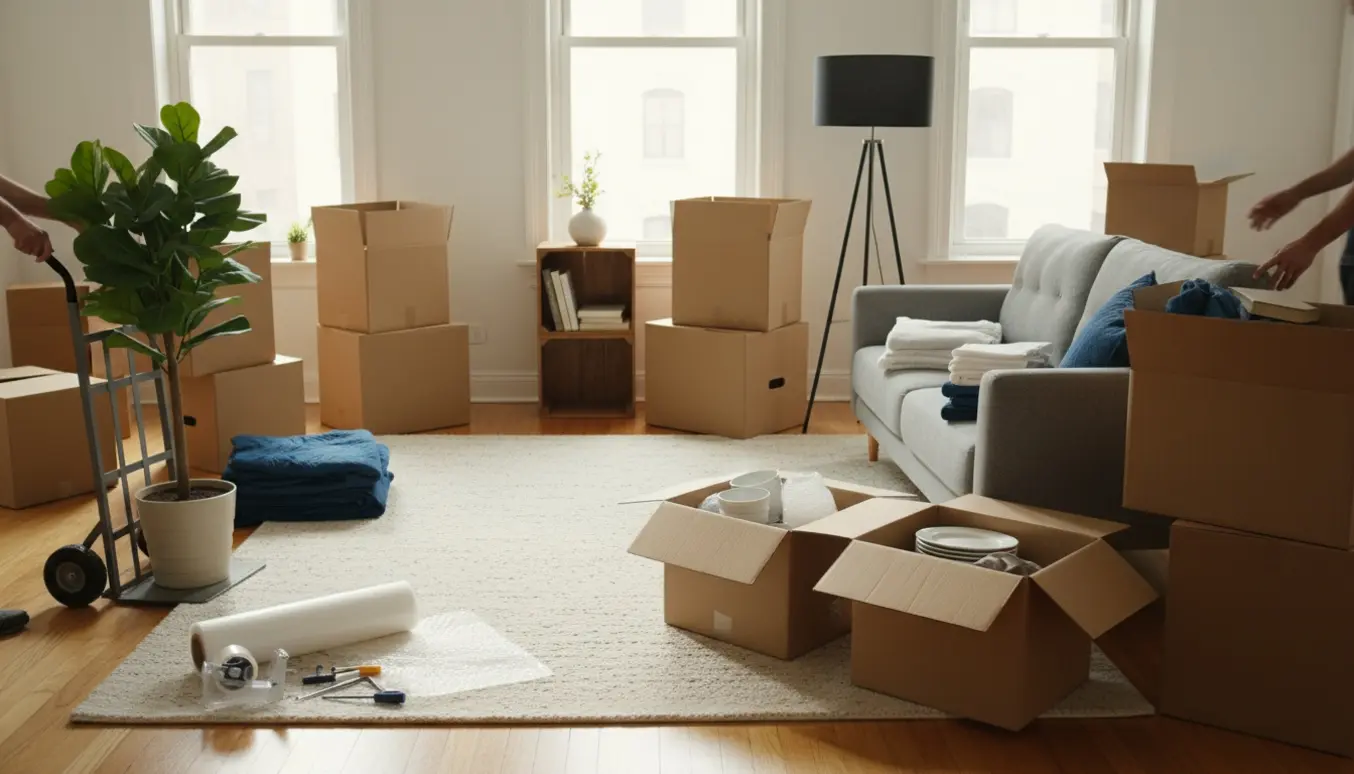 Soloplyst stue med møbler og cirka tolv flyttekasser under indflytning.