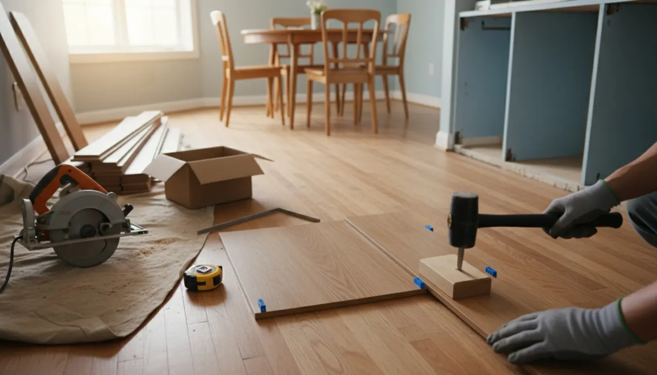 Smalle trægulvsplanker lægges i et åbent køkken med værktøj og plankestak i fokus.