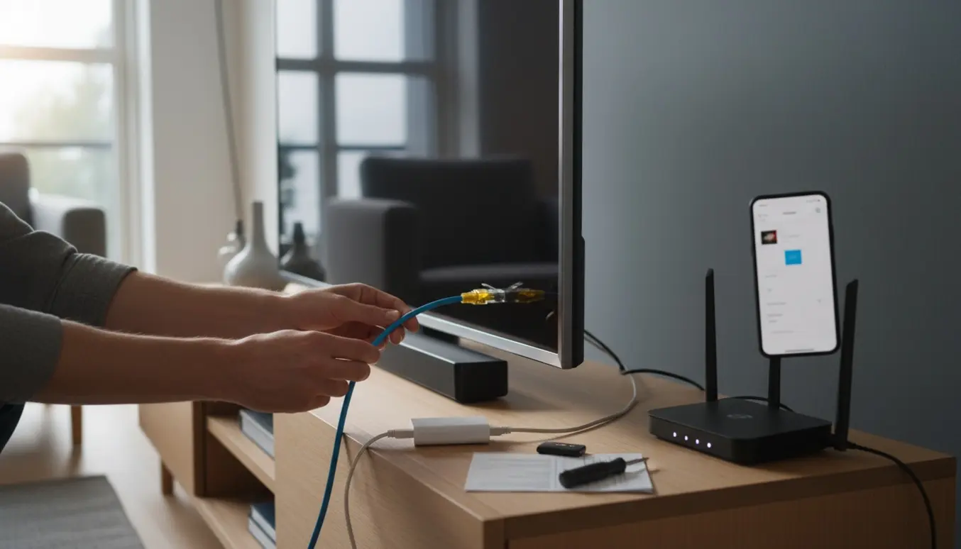 Hænder tilslutter et ethernetkabel til et slankt TV med router og smartphone i en lys, moderne stue.