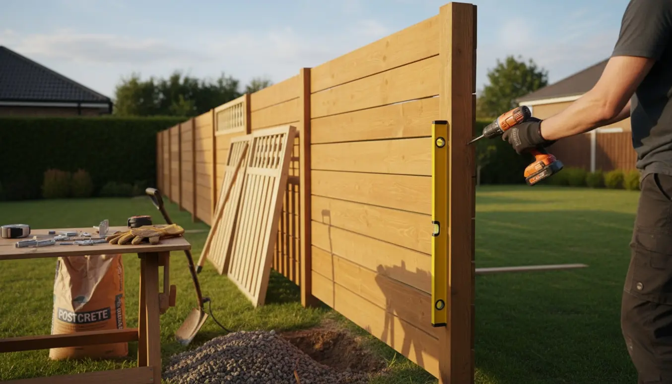 Delvist opsat nyt hegn på ca. 180 cm i en baghave med værktøj og alternative hegnspaneler synlige.