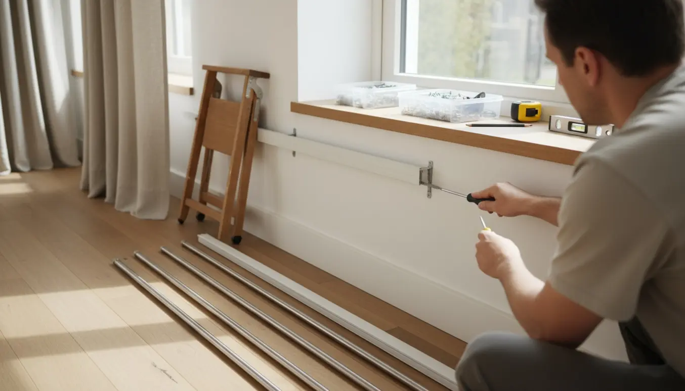 Hænder monterer gardinstang og gardinskinne ved et lyst vindue med skruer og rawlplugs på vindueskarmen.