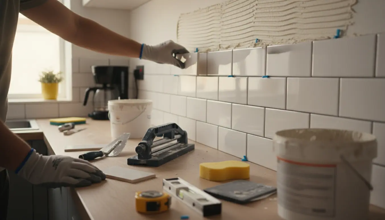Nærbillede af montering af hvide metrofliser på en køkkenvæg med fliseklæb, flisekryds og værktøj.