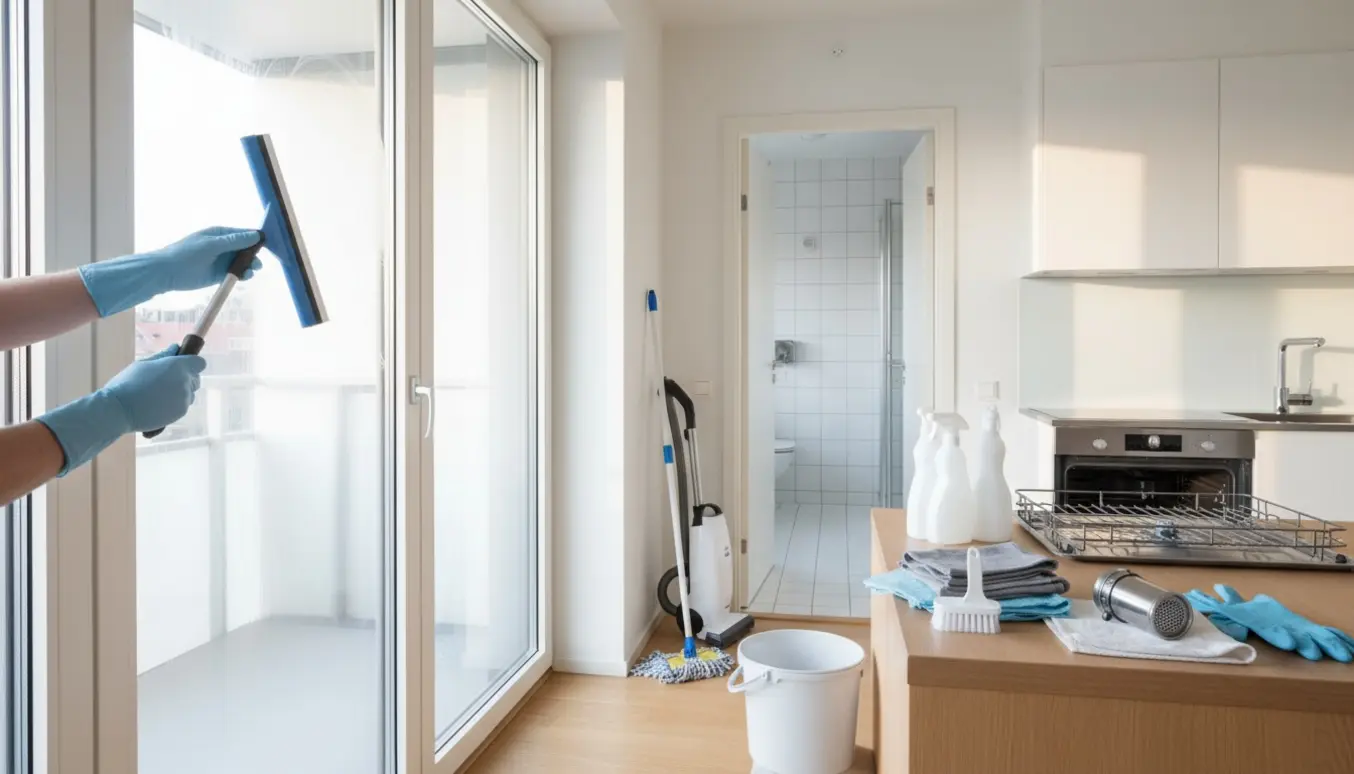 En rengøringsperson uden synligt ansigt pudser en stor vinduesdør i et lyst køkken med rengøringsudstyr og skinnende overflader.