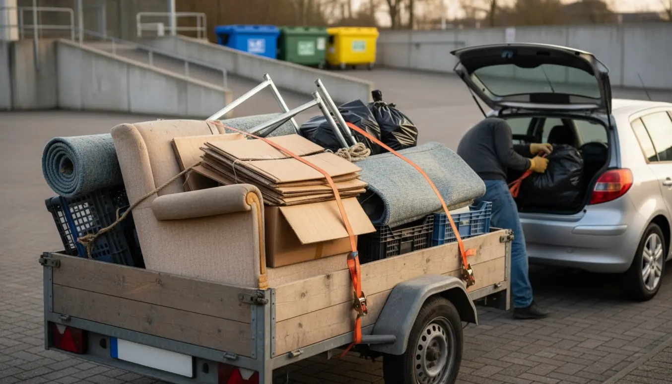 En fyldt trailer ved indkørslen, en person spænder remme, og genbrugspladsens containere ses i baggrunden.