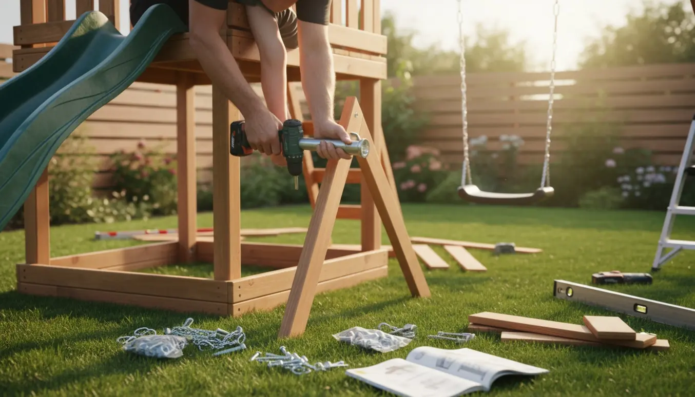 Delvist samlet trætårn med gyngestativ i en have, værktøj og hænder der spænder bolte.